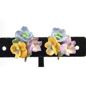 Porcelain Pansy Flower Cluster Earrings Screw Back